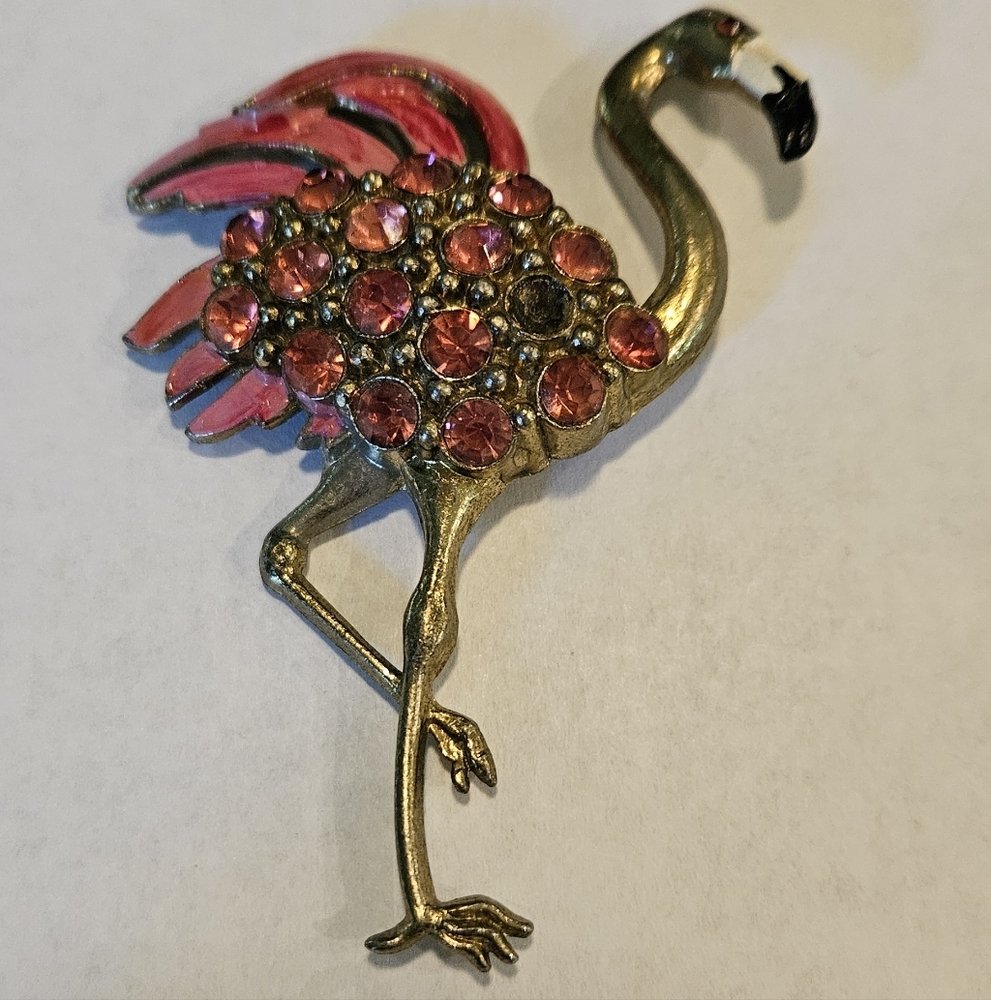 Flamingo Brooch Pin Pink Rhinestones Crystals Large Vintage Gold Missing 1 Stone